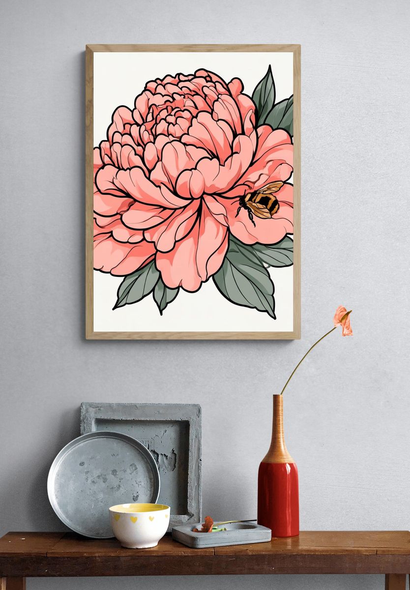 Peony Bee Botanical Print. — room view 3