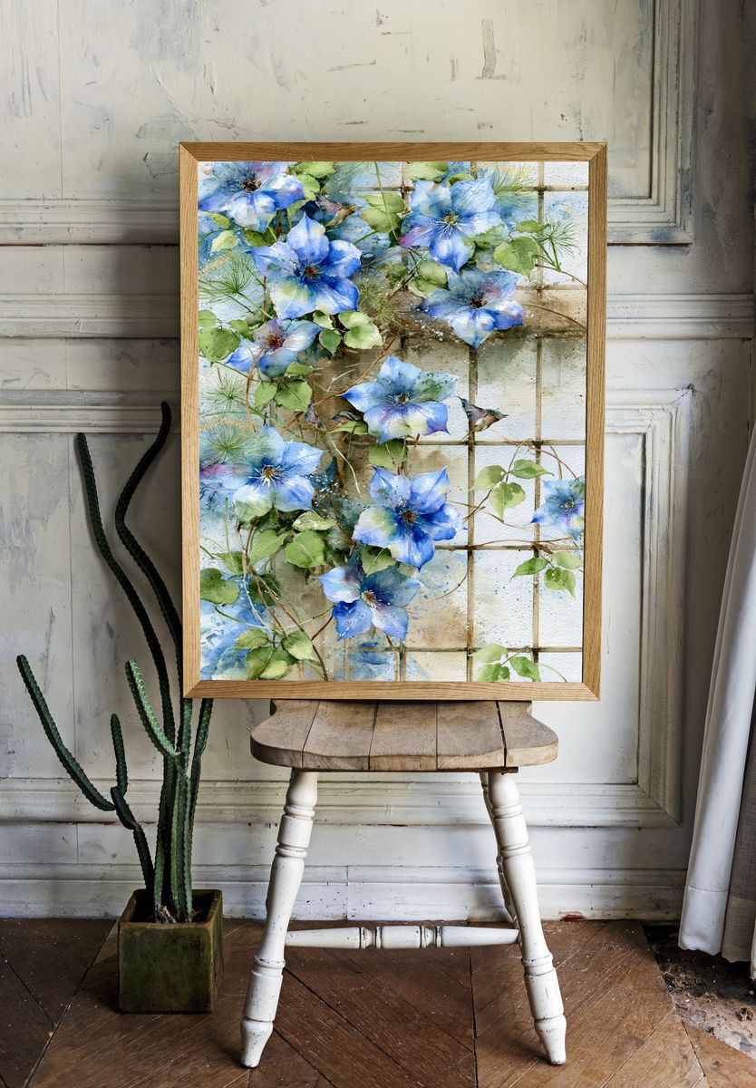 Blue Clematis Watercolor Print. room preview