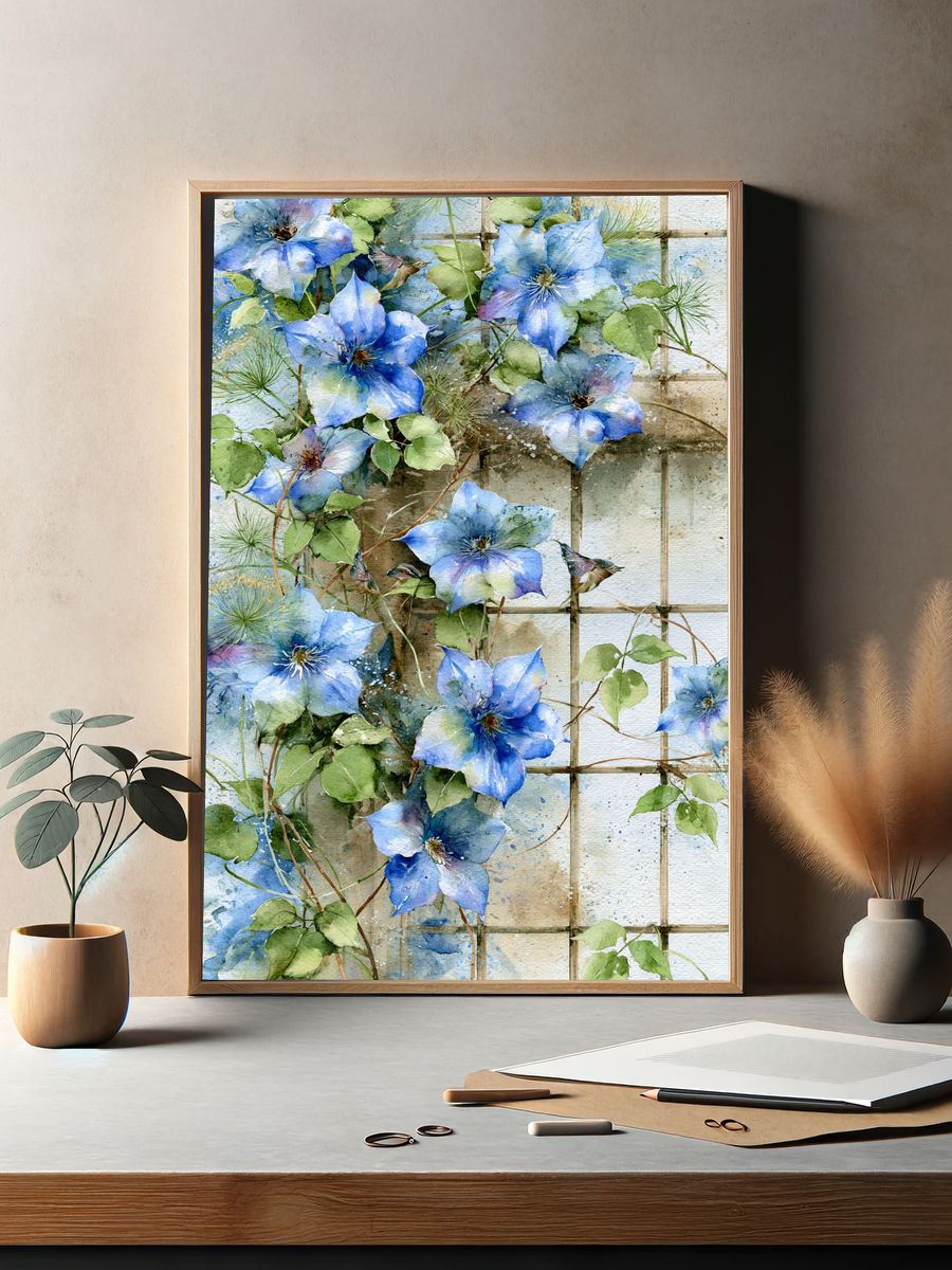 Blue Clematis Watercolor Print. — room view 2