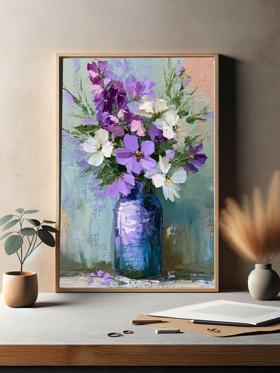 Purple Wildflower Vase Illustration Poster. — room view 2