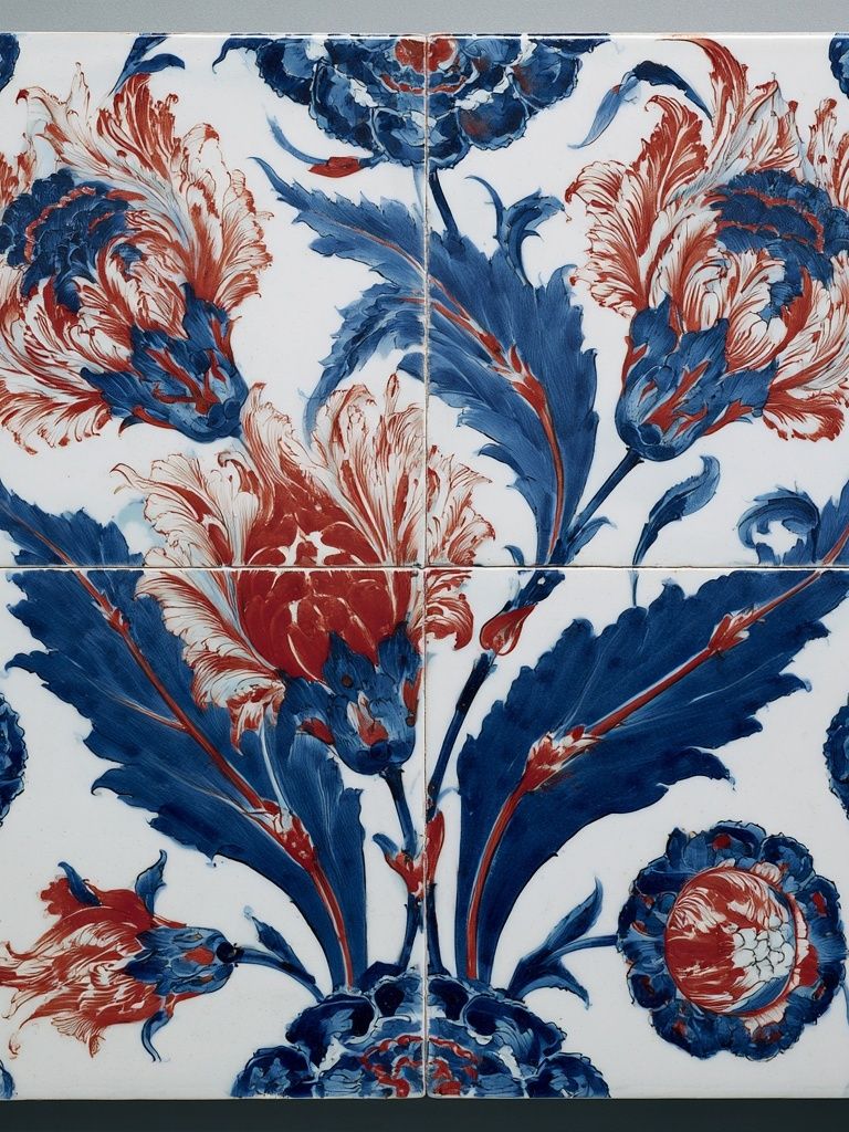 Blue and Red Floral Tile Print. poster — botanical art