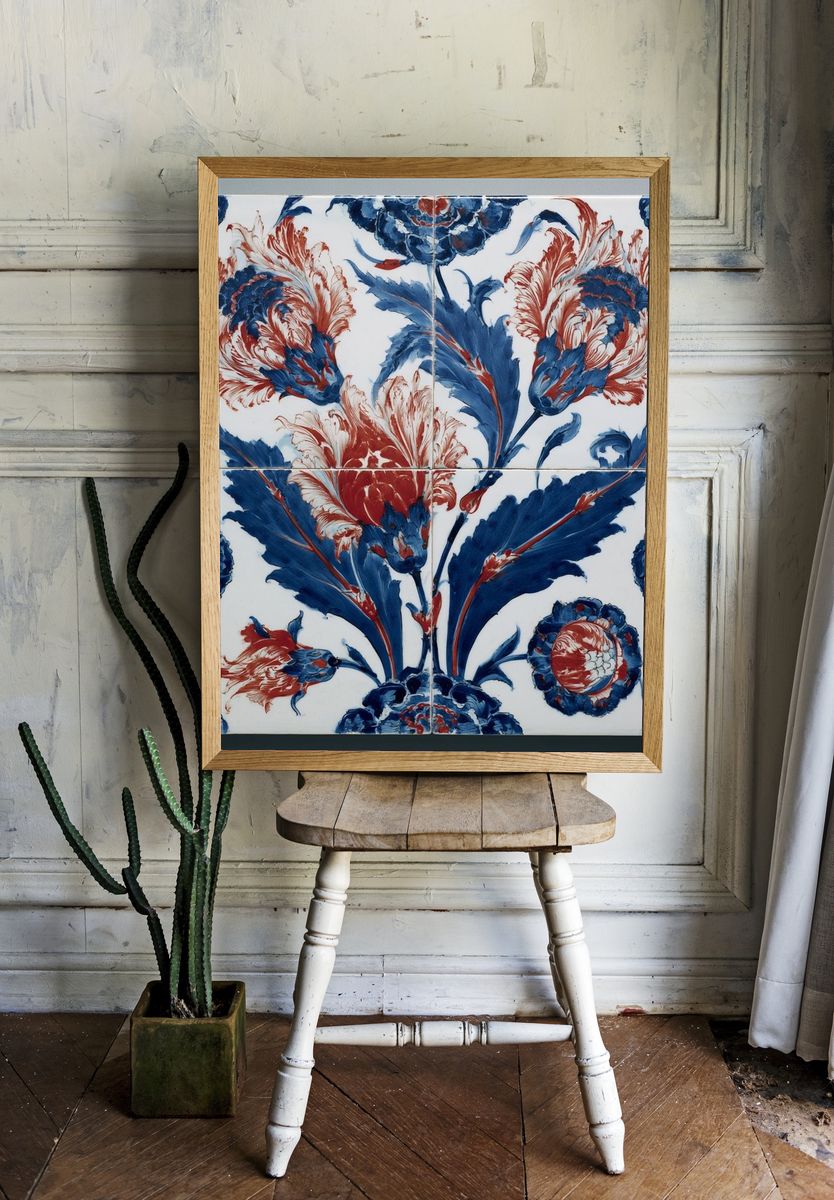 Blue and Red Floral Tile Print. — room view 1