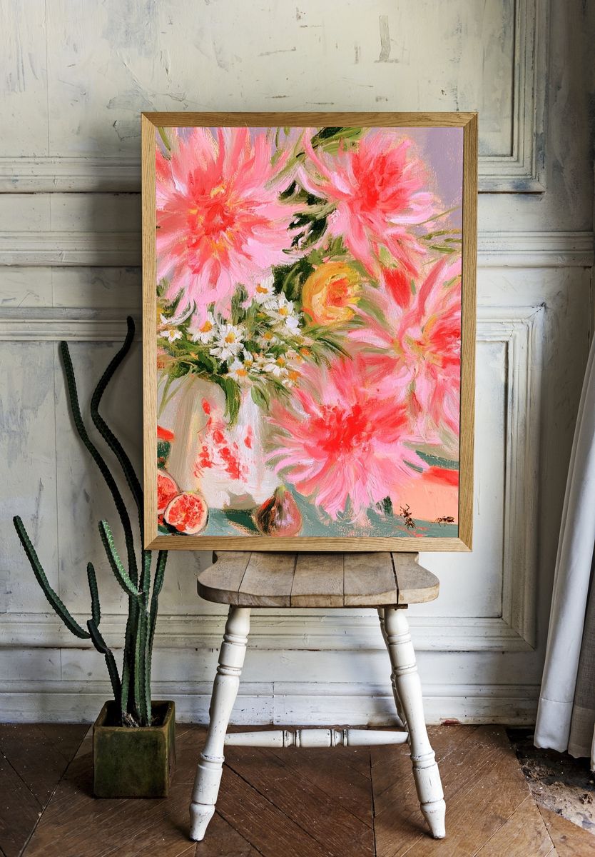 Pink Floral Still Life Poster. — room view 1