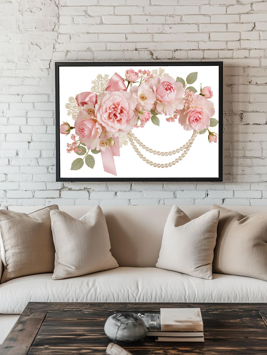 Pink Roses and Pearls Floral Print. — room view 1