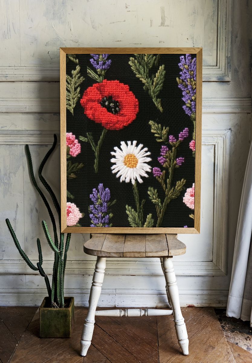 Embroidered Wildflower Botanical Print. room preview
