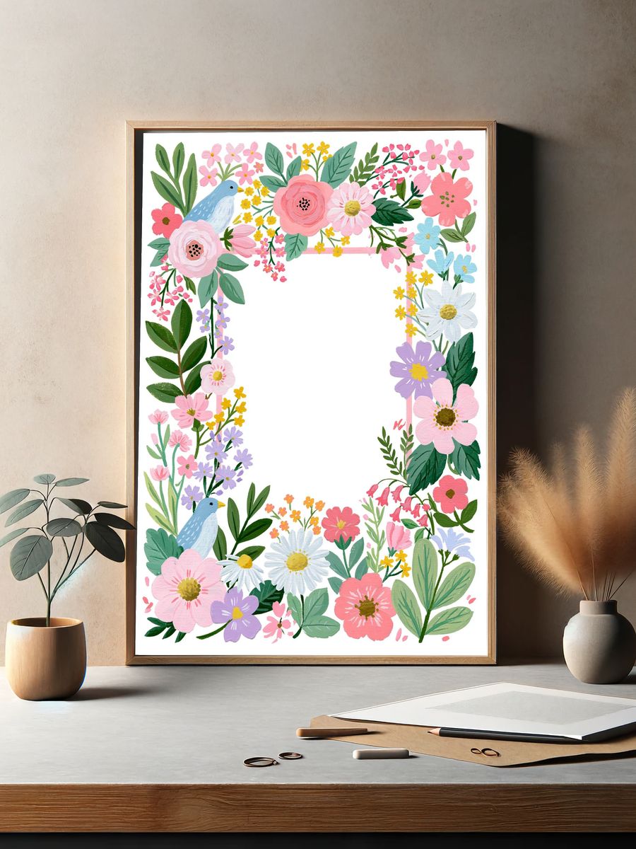 Floral Bird Frame Illustration Poster. — room view 2