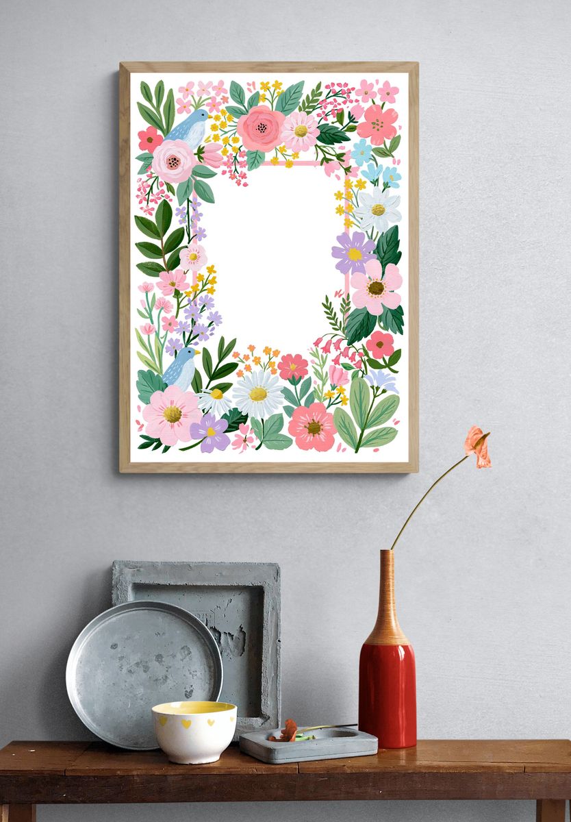 Floral Bird Frame Illustration Poster. — room view 3
