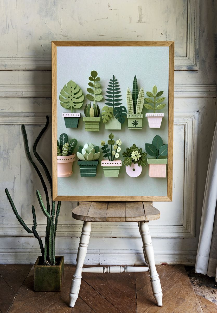 Paper Potted Plants Botanical Print. room preview