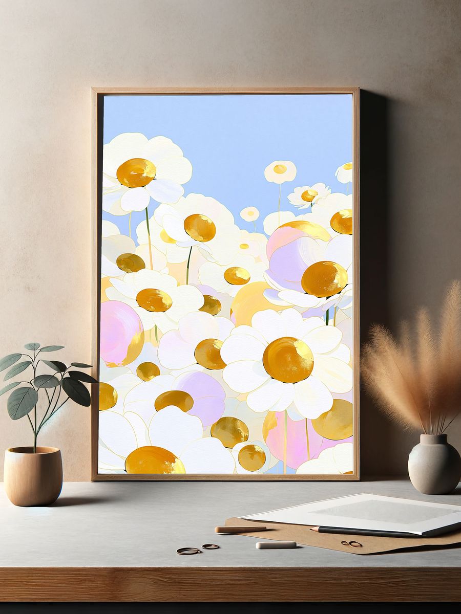 Pastel Daisy Field Illustration Poster. — room view 2