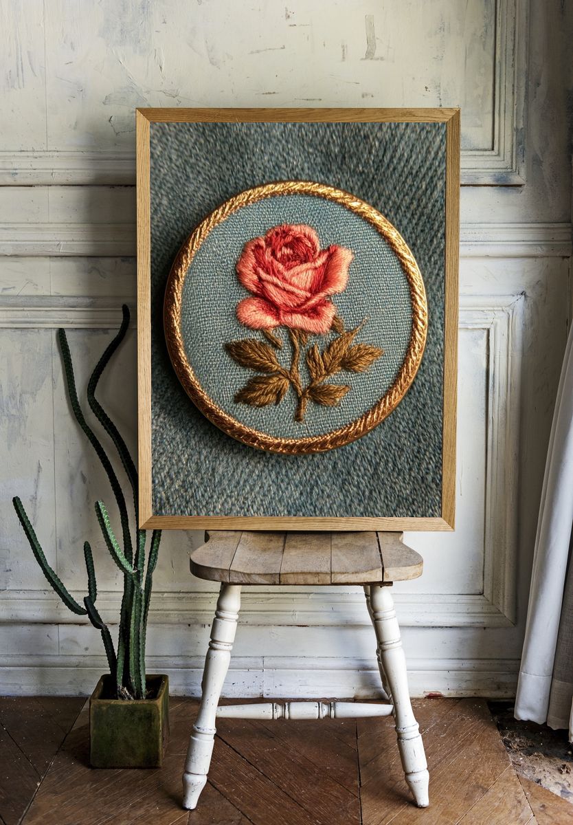 Embroidered Rose Botanical Print. — room view 1