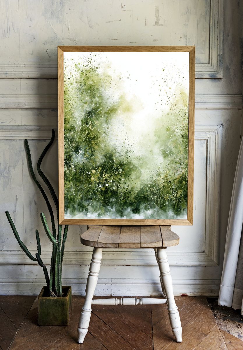 Misty Green Forest Watercolor Print. room preview
