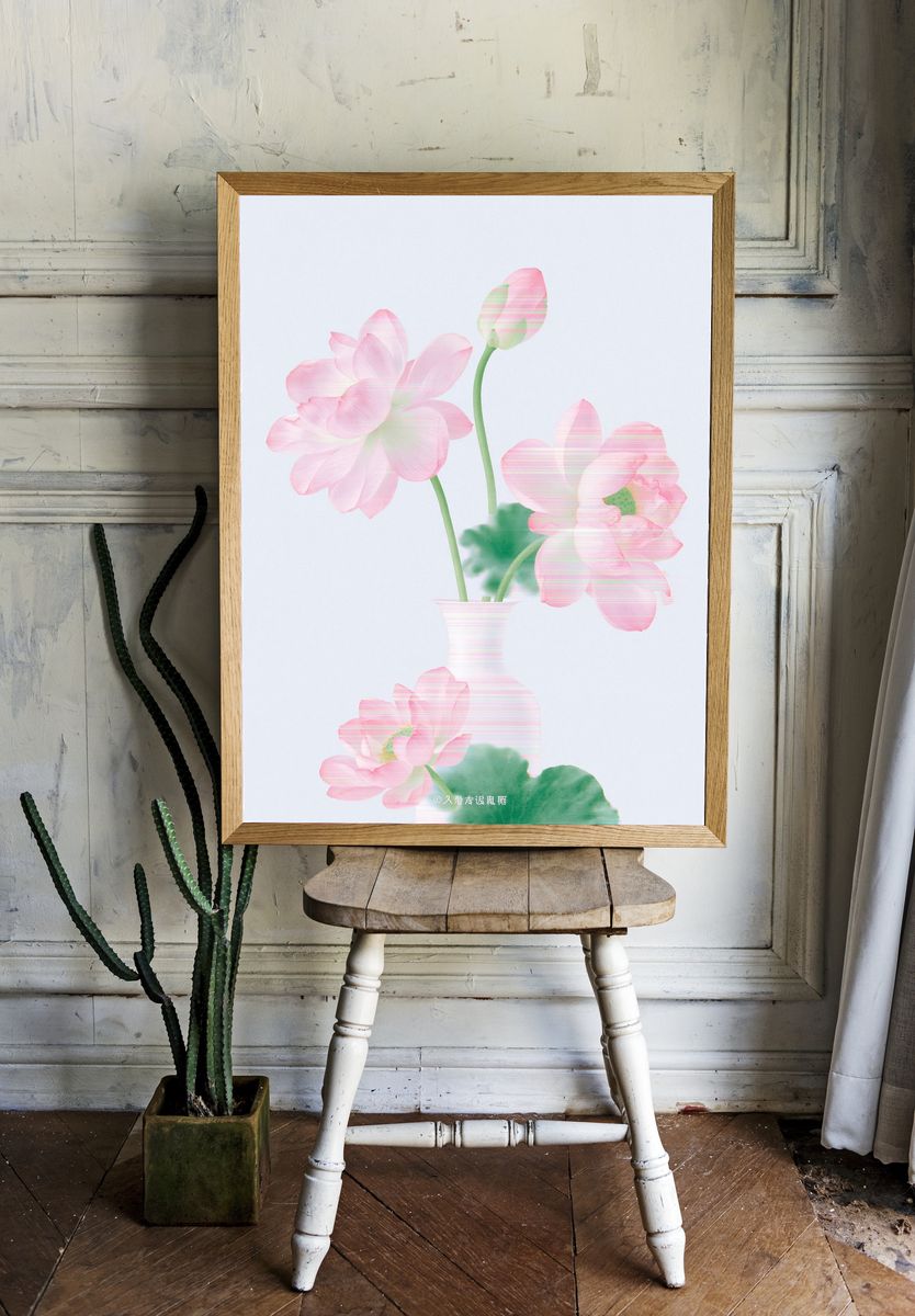 Pink Lotus Flowers Botanical Print. — room view 1