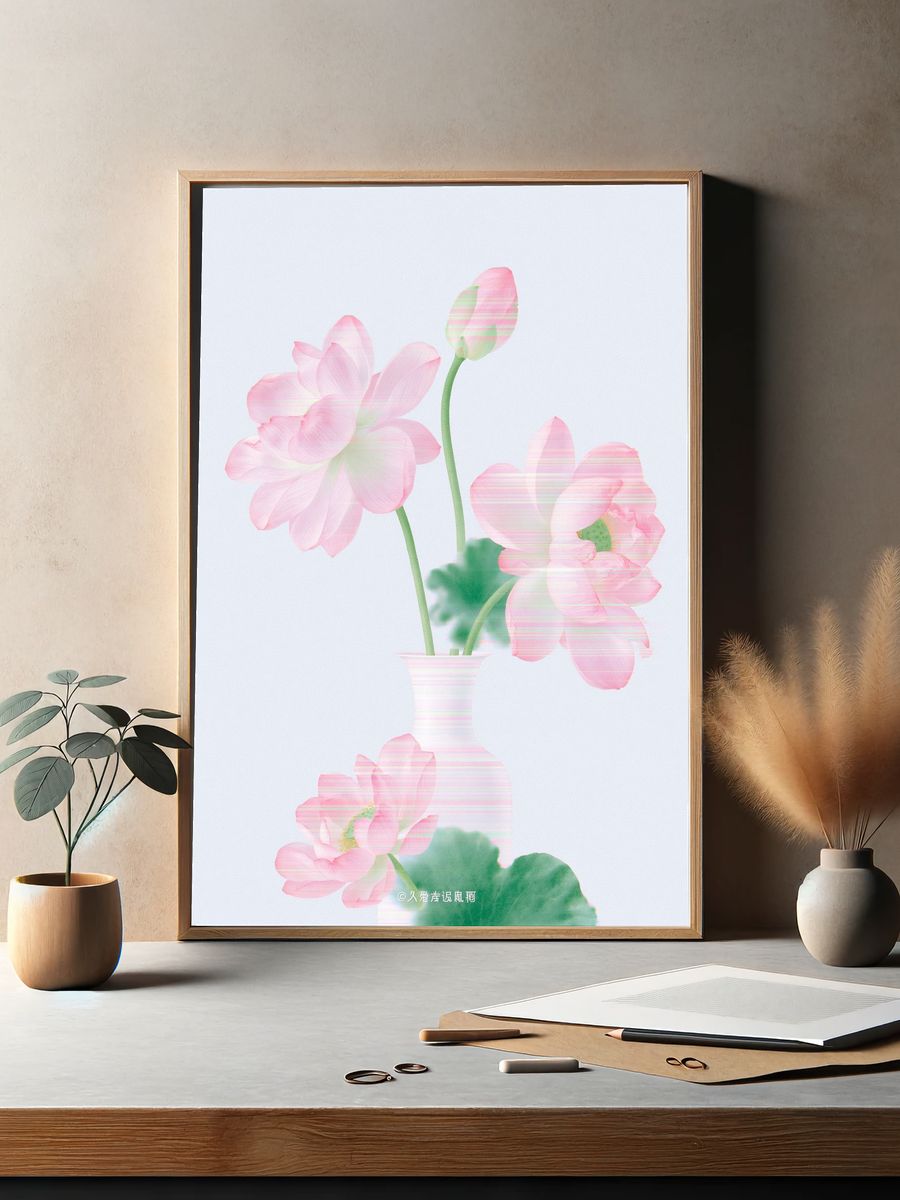 Pink Lotus Flowers Botanical Print. — room view 2
