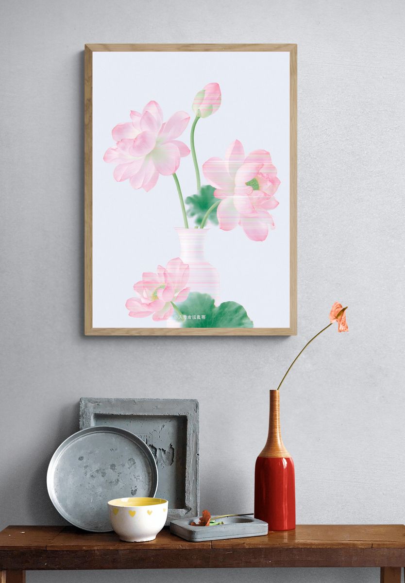 Pink Lotus Flowers Botanical Print. — room view 3