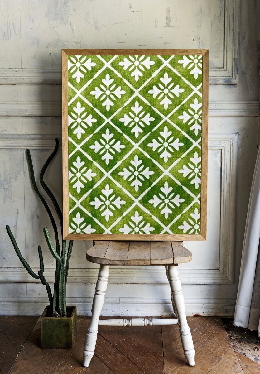 Green Floral Tile Pattern Print. room preview