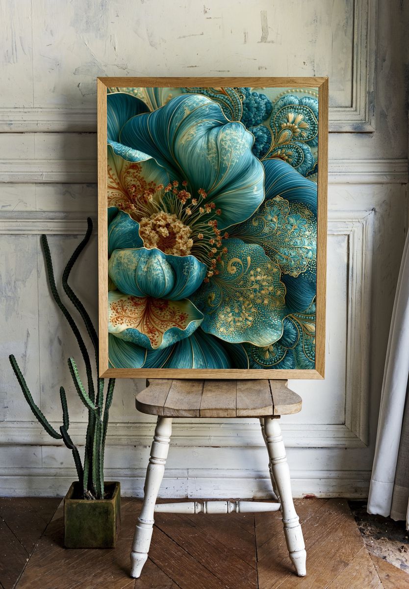 Teal Floral Bloom Illustration Poster. room preview