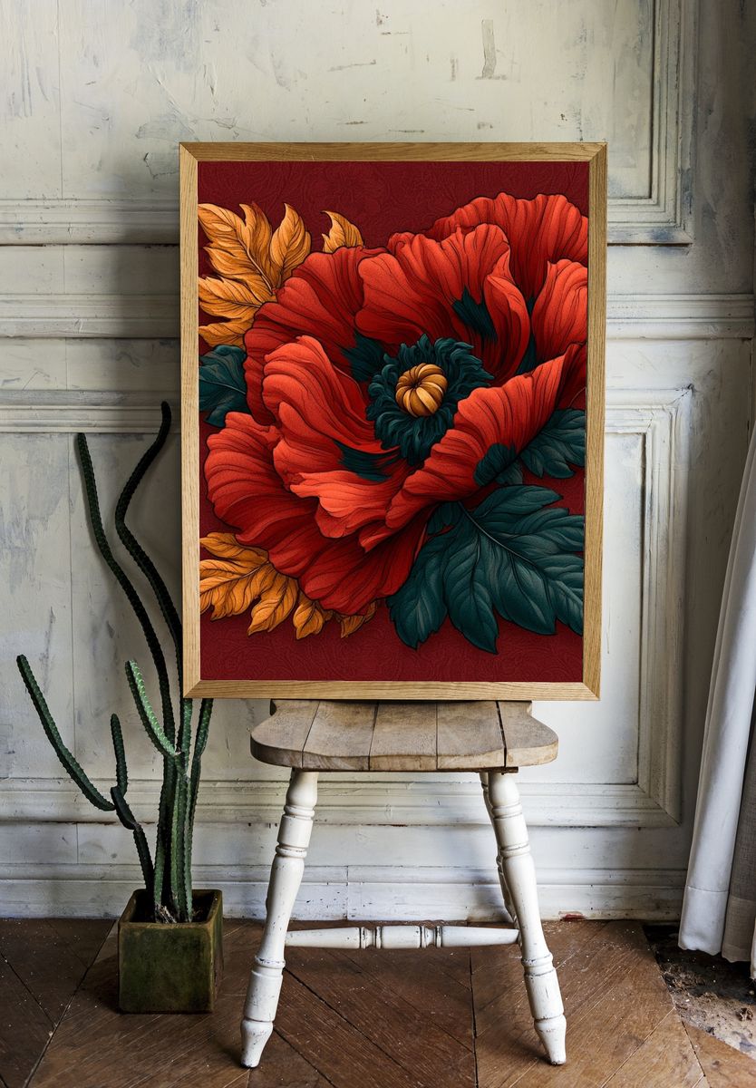Crimson Poppy Botanical Poster. room preview