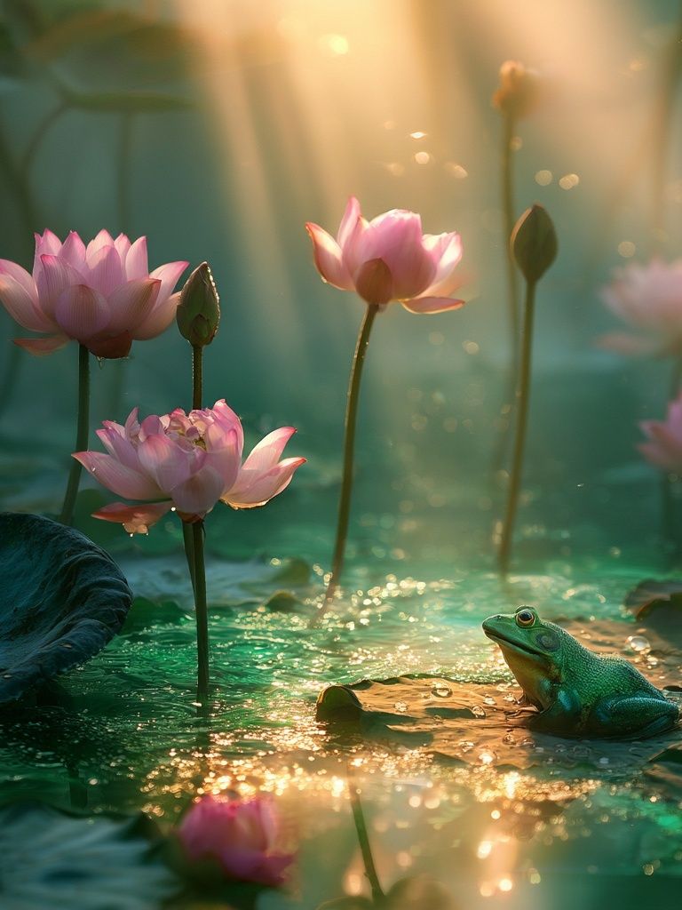 Lotus Pond with Frog Illustration Poster. poster — botanical art