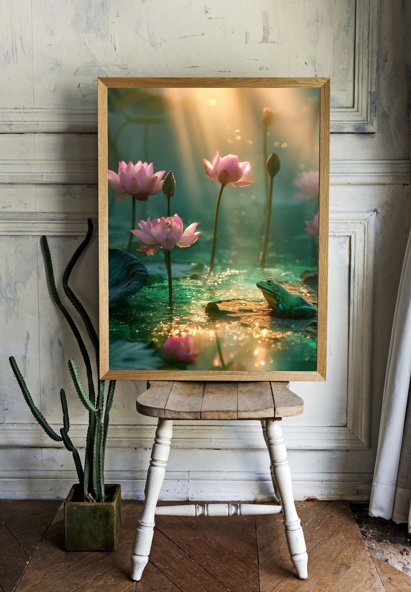 Lotus Pond with Frog Illustration Poster. — room view 1