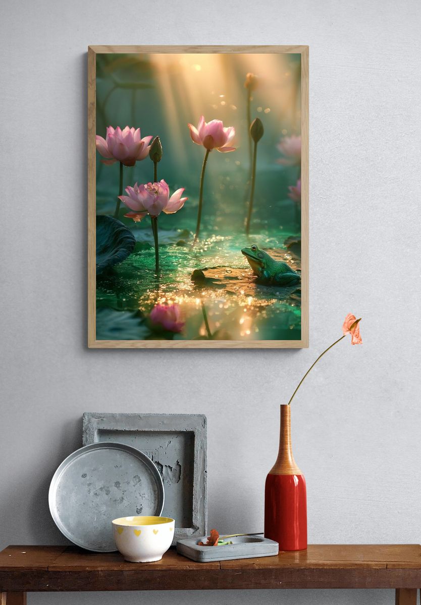 Lotus Pond with Frog Illustration Poster. — room view 3