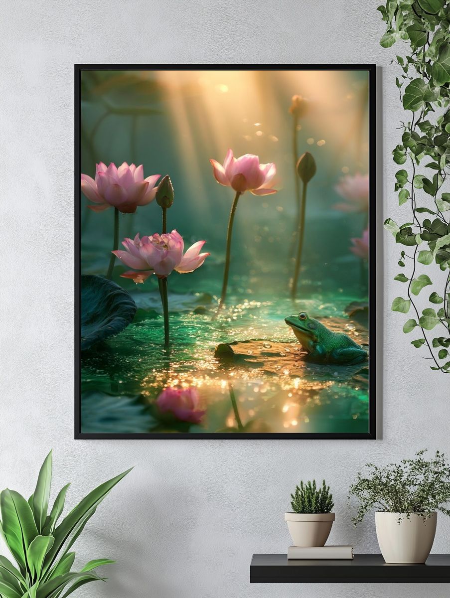 Lotus Pond with Frog Illustration Poster. — room view 4