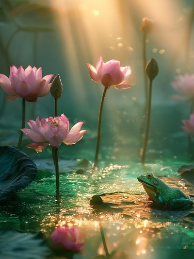 Lotus Pond with Frog Illustration Poster. poster print