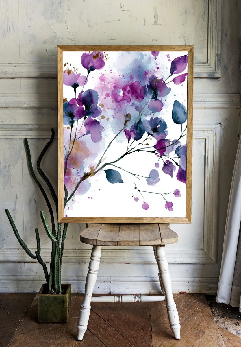 Purple Blossom Watercolor Print. room preview