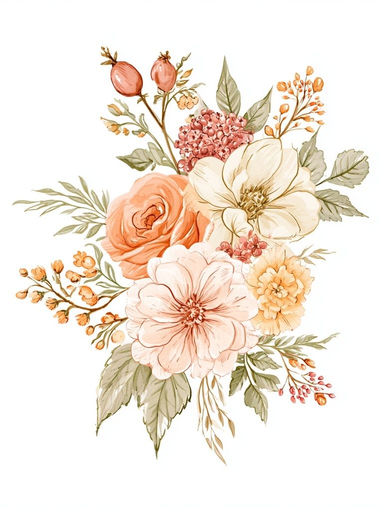 Peach Floral Bouquet Watercolor Print. poster detail