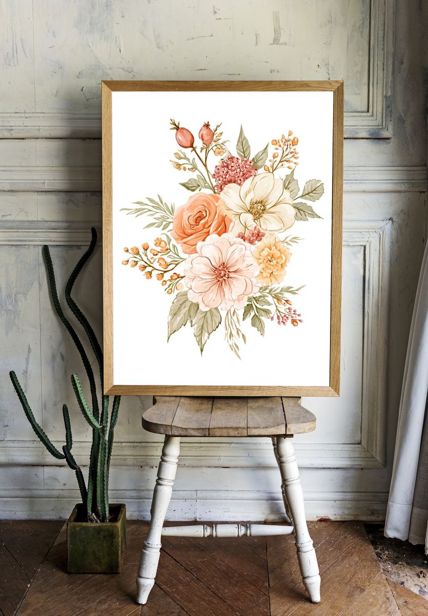 Peach Floral Bouquet Watercolor Print. — room view 1