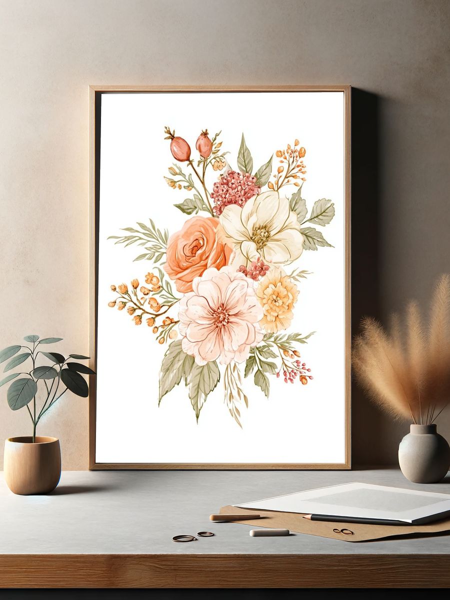 Peach Floral Bouquet Watercolor Print. — room view 2