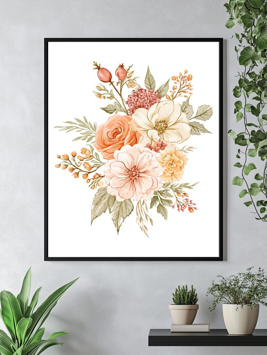 Peach Floral Bouquet Watercolor Print. — room view 4