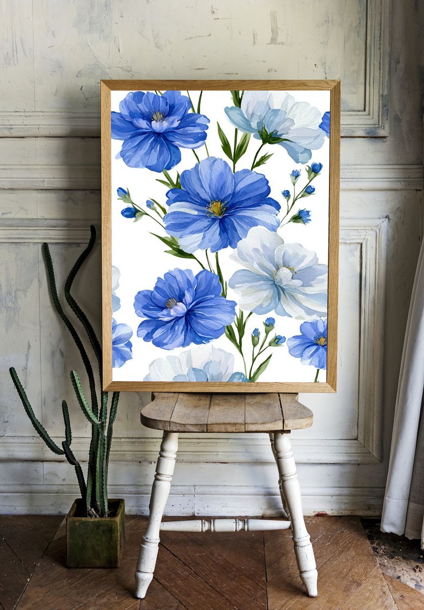 Blue Wildflower Watercolor Poster. — room view 1