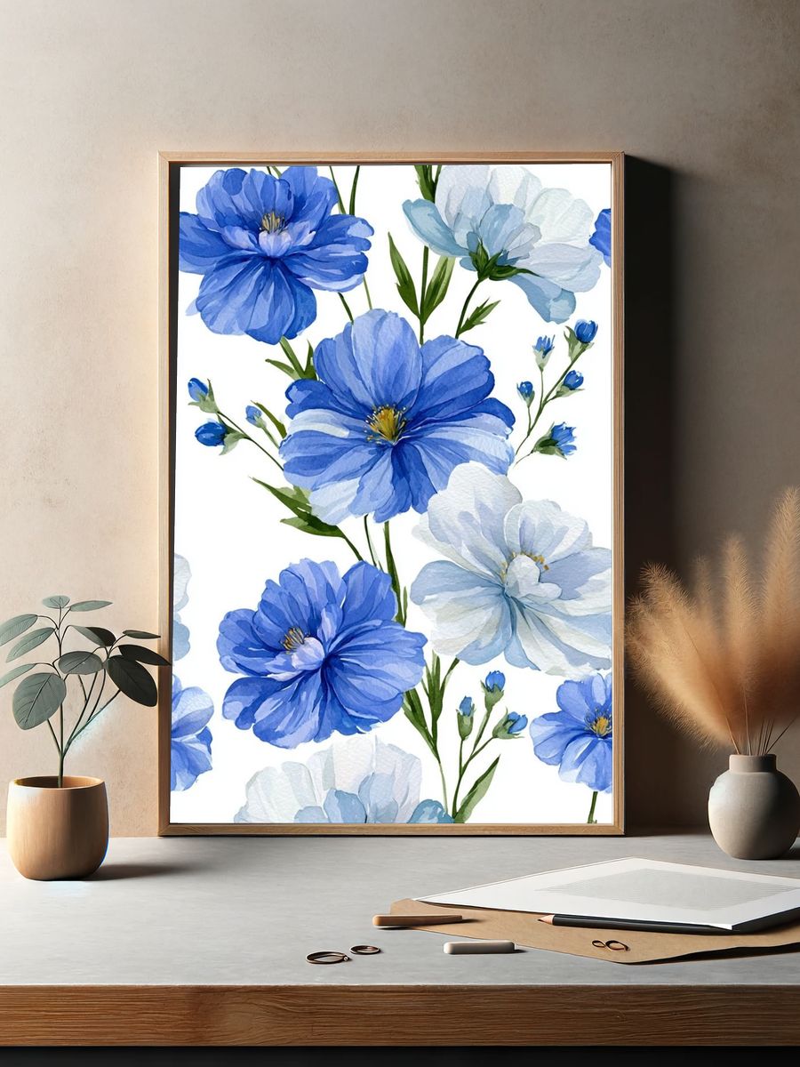 Blue Wildflower Watercolor Poster. — room view 2