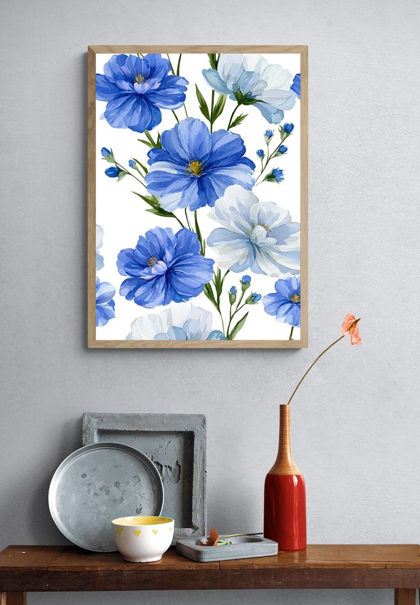 Blue Wildflower Watercolor Poster. — room view 3