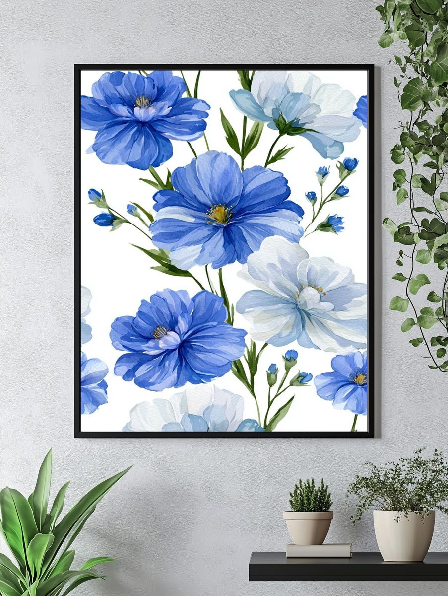Blue Wildflower Watercolor Poster. — room view 4