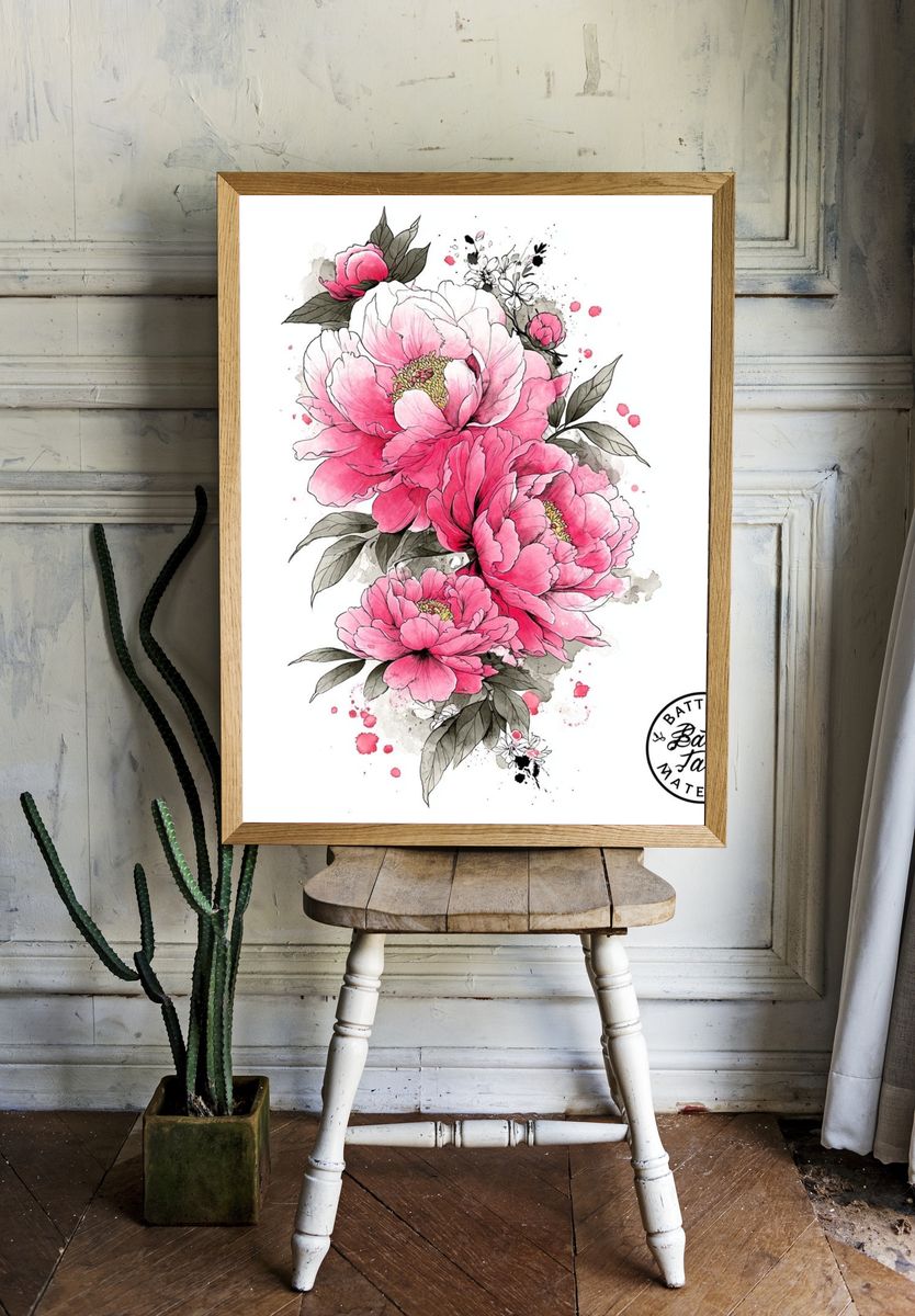 Pink Peony Watercolor Poster room preview