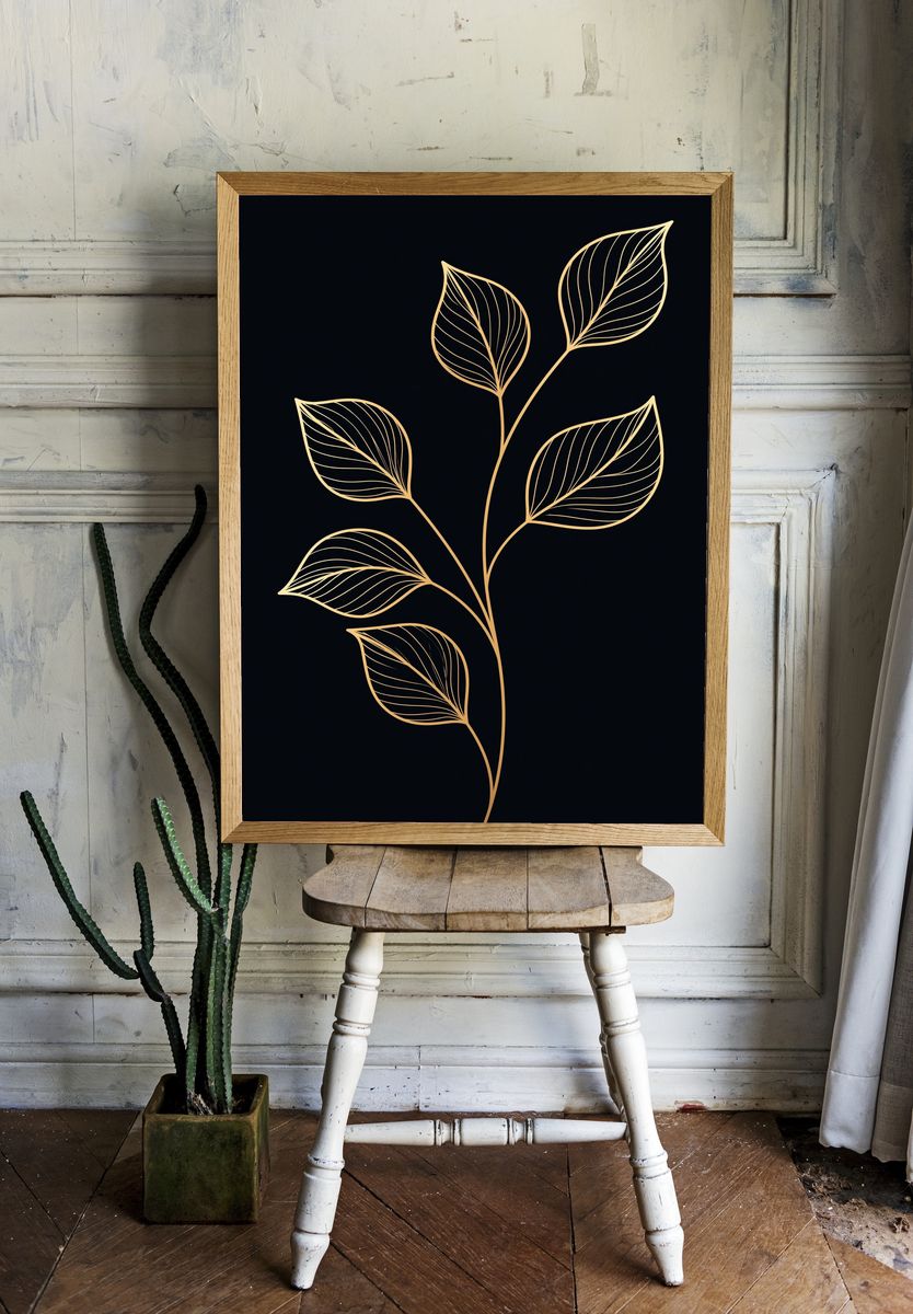 Golden Leaf Line Art Print. — room view 1