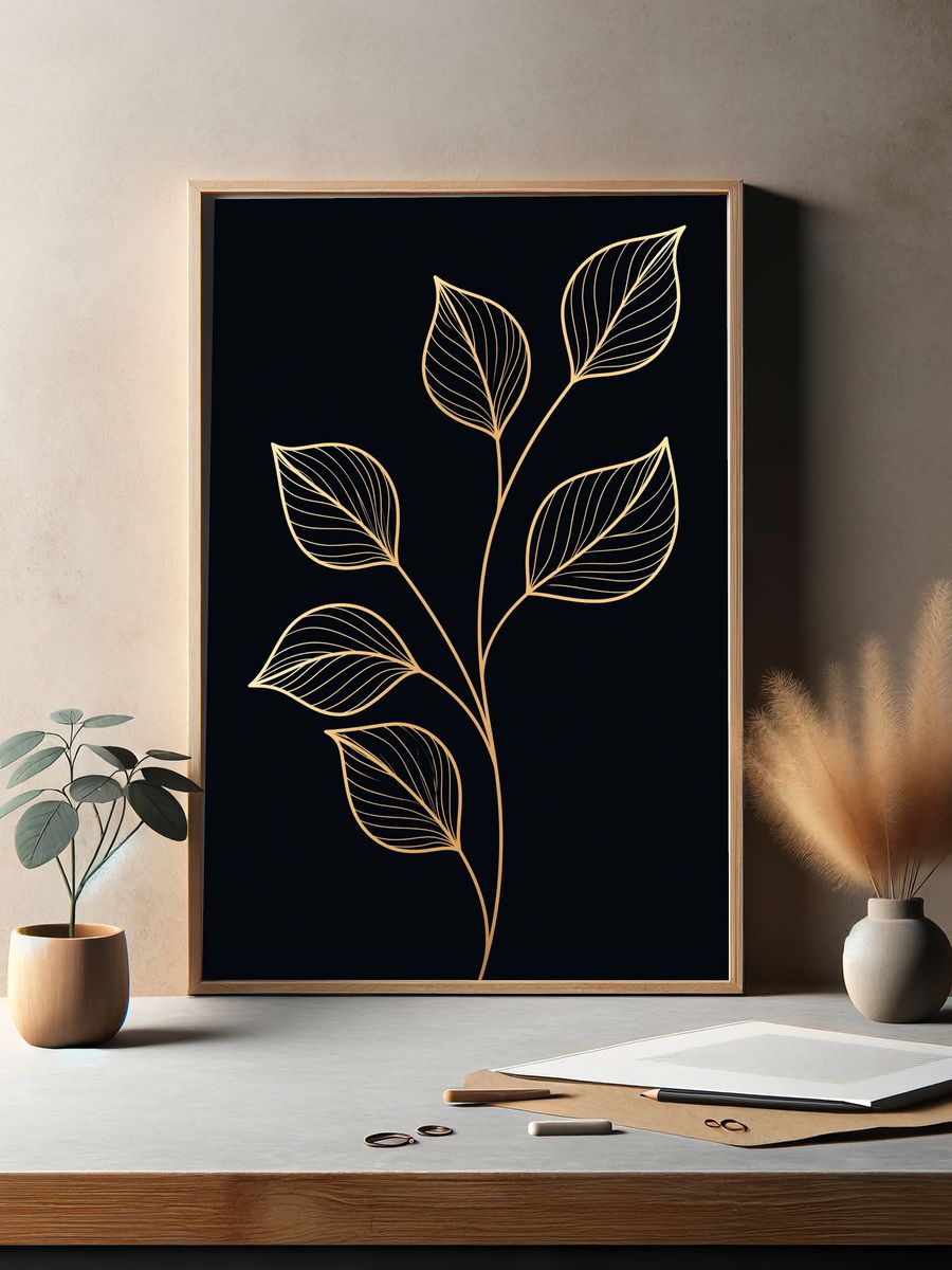 Golden Leaf Line Art Print. — room view 2