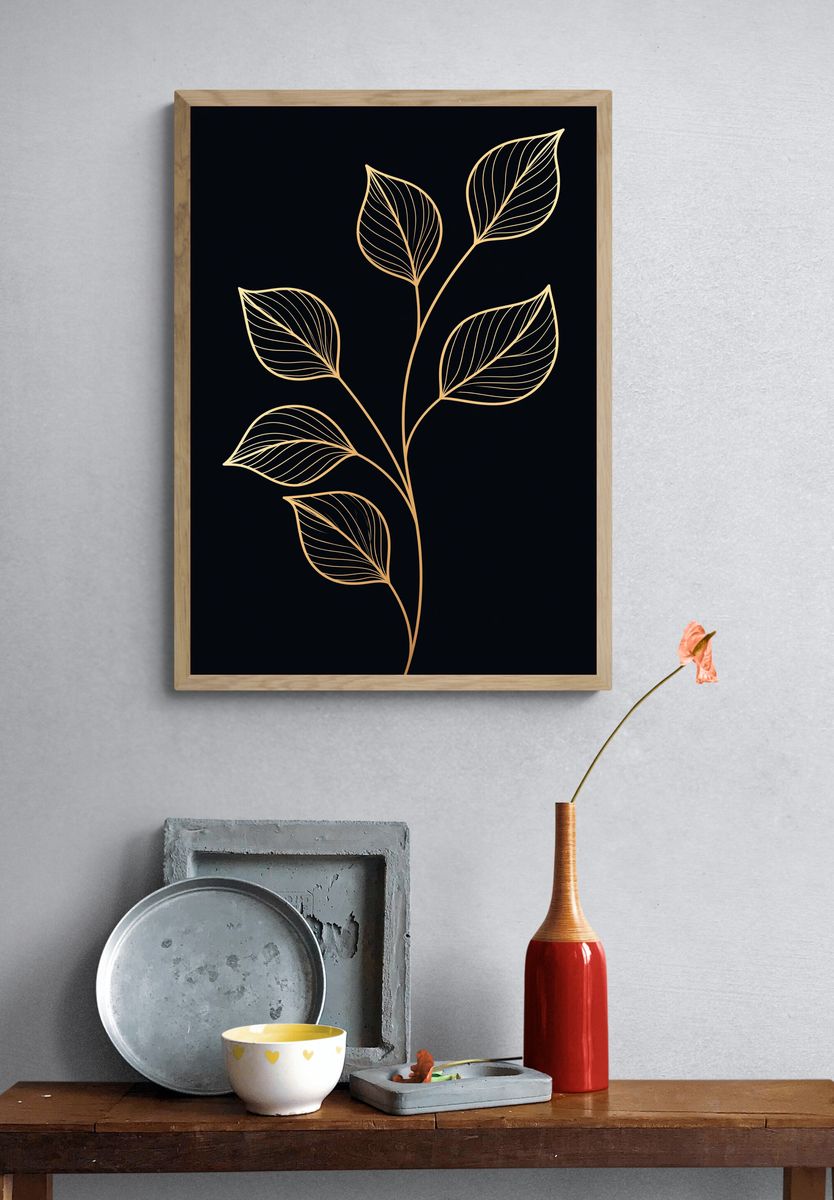 Golden Leaf Line Art Print. — room view 3