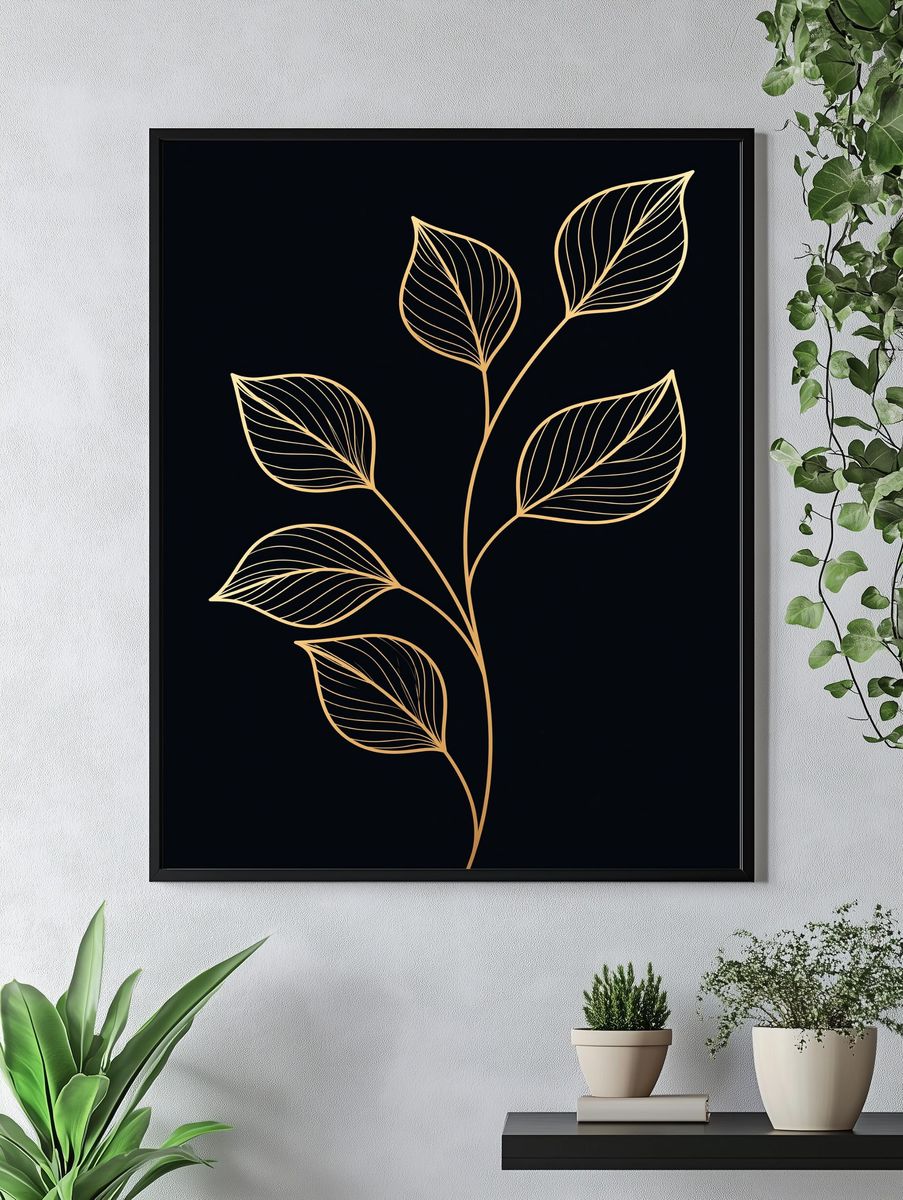 Golden Leaf Line Art Print. — room view 4