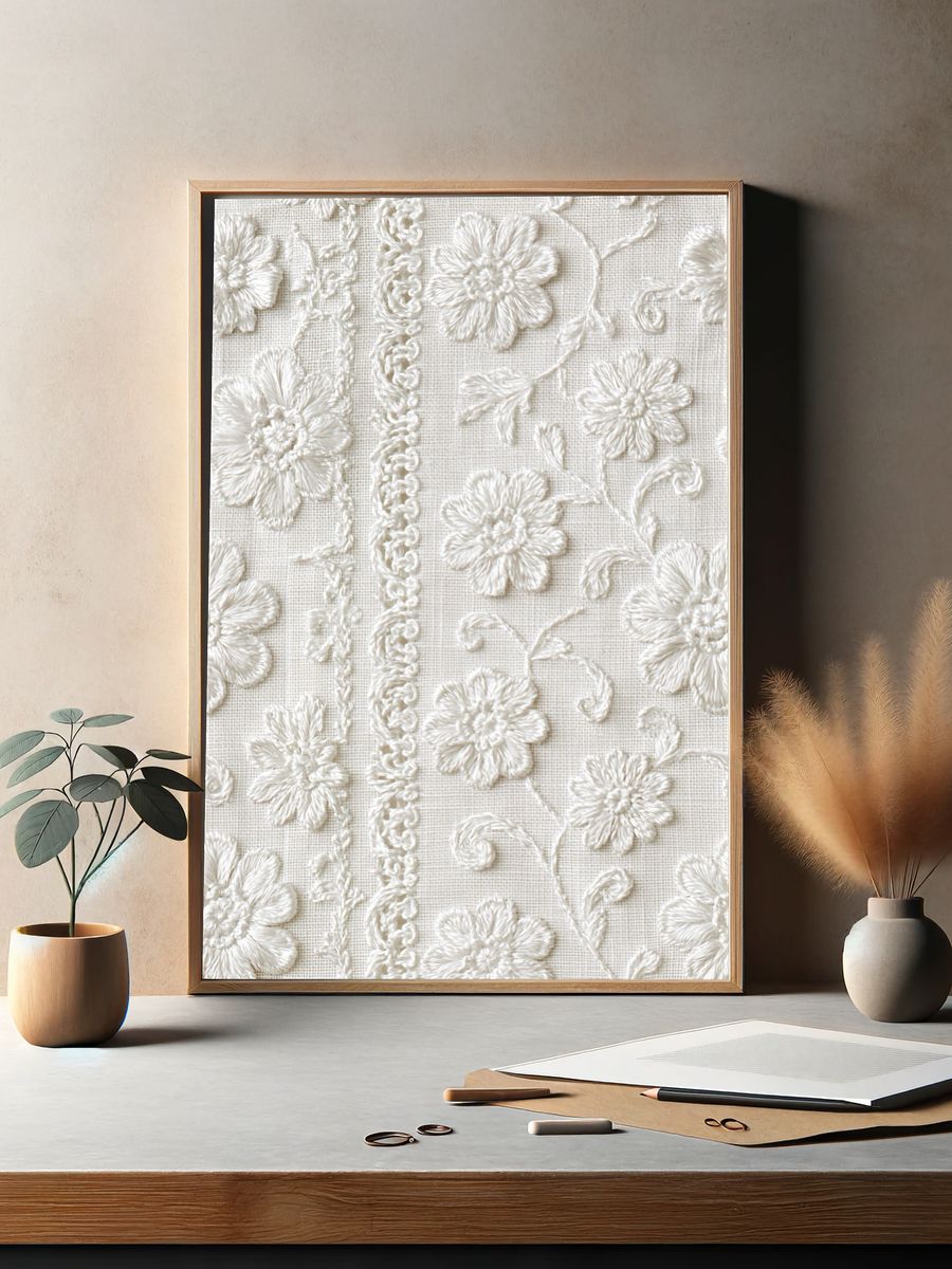 Cream Embroidered Floral Texture Print. — room view 2