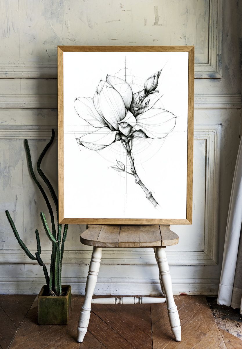 Botanical Magnolia Line Art Poster. room preview