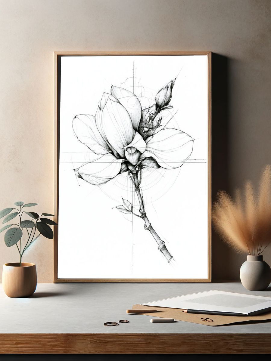 Botanical Magnolia Line Art Poster. — room view 2