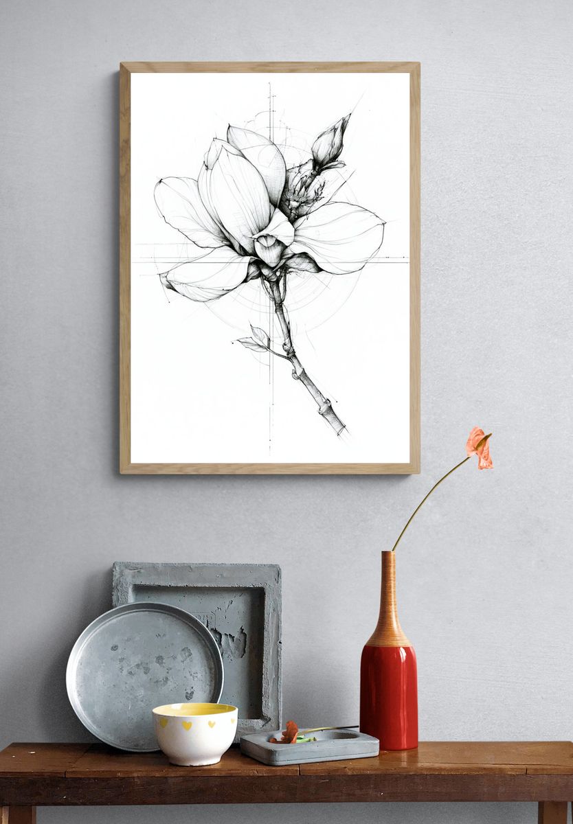 Botanical Magnolia Line Art Poster. — room view 3