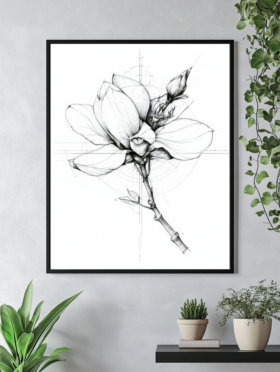 Botanical Magnolia Line Art Poster. — room view 4