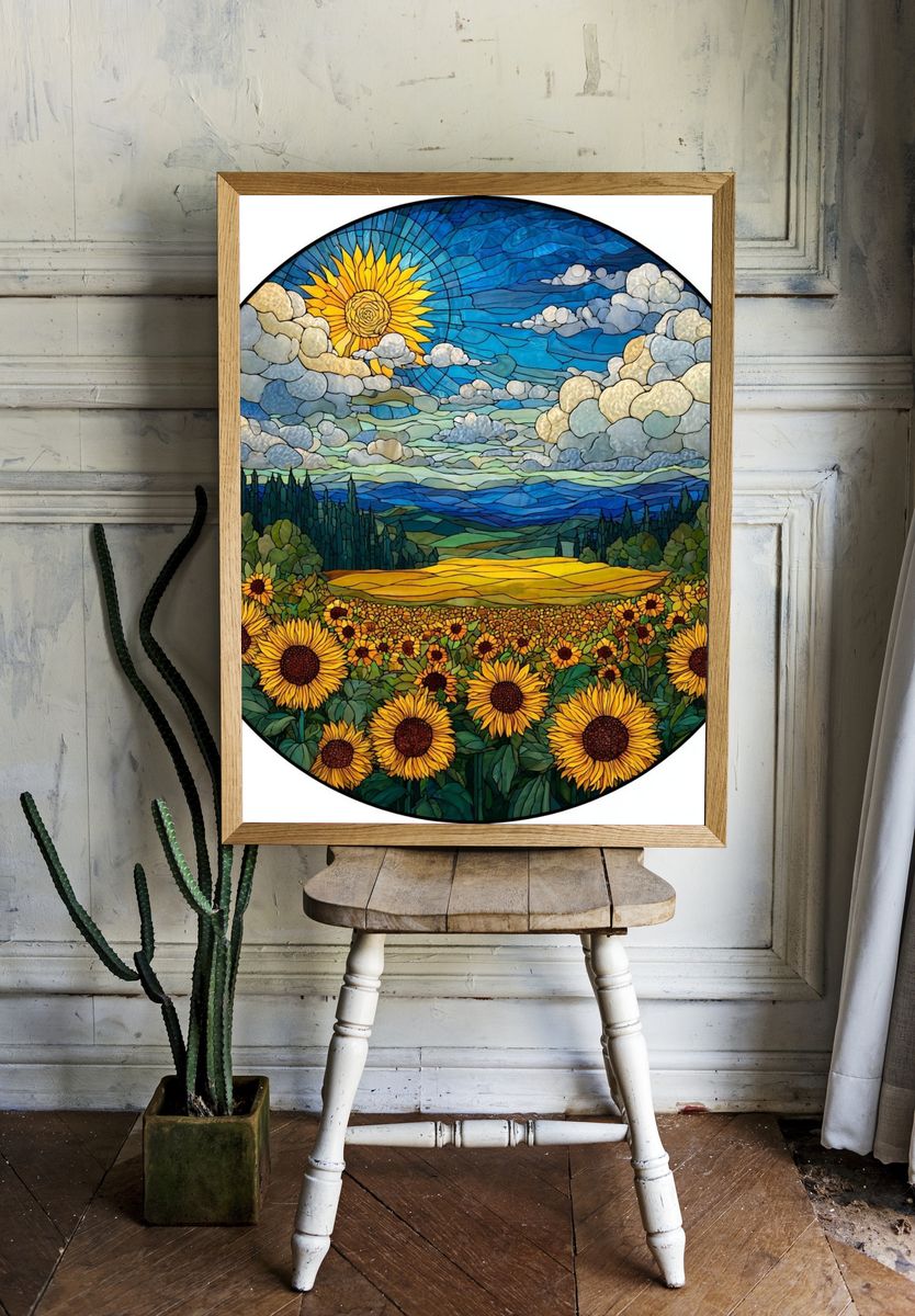 Sunflower Meadow Stained Glass Poster. room preview