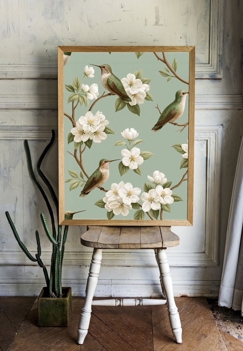 Hummingbird Blossom Pattern Print. room preview