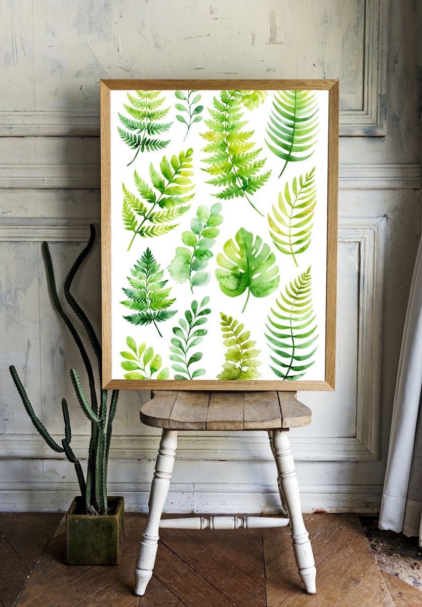 Green Leaf Watercolor Botanical Poster. — room view 1