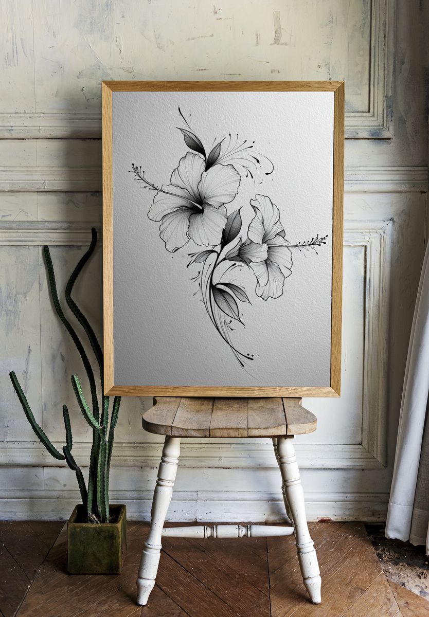 Hibiscus Ink Floral Poster. room preview