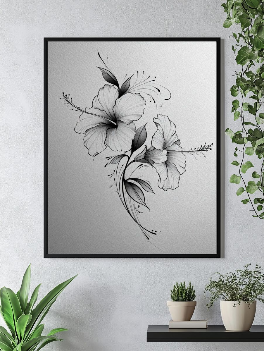 Hibiscus Ink Floral Poster. — room view 4